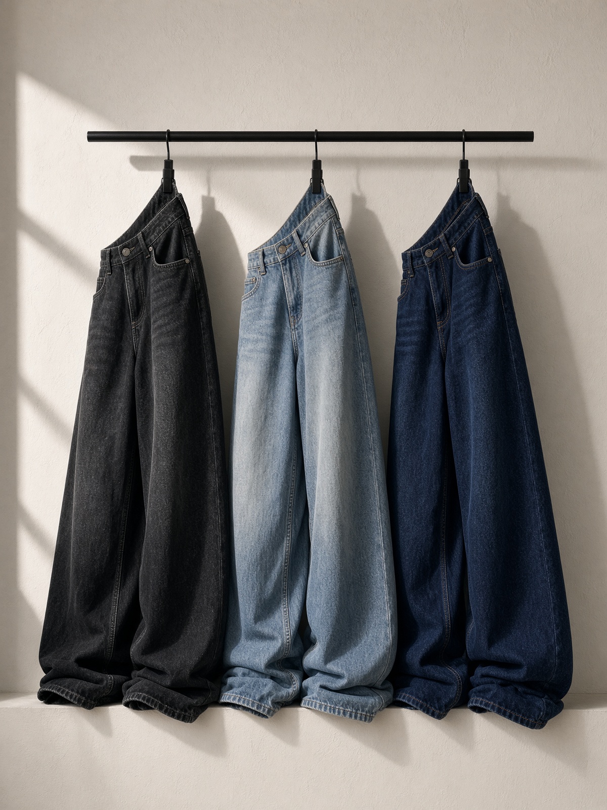 Three pairs of CHIBOY baggy jeans hanging on a rail